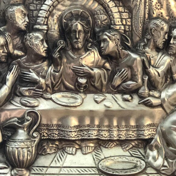 M.REGISTRADO Antique Framed Silver Repousse Relief Art Sculpture Last Supper 21" - Picture 7 of 10